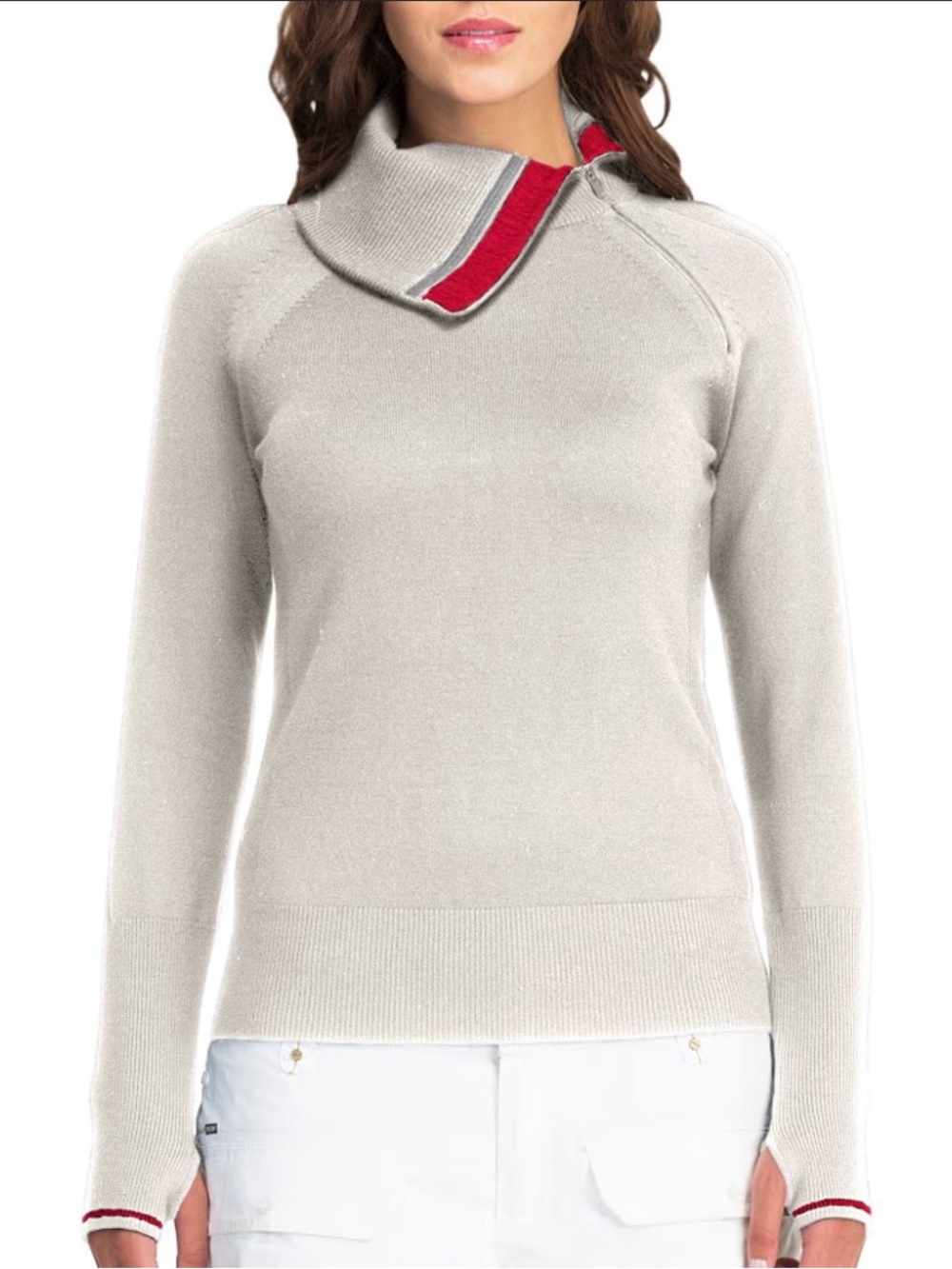 Icebreaker merino wool Cream Asymmetric Cowl Sweater with Red Trim size Small